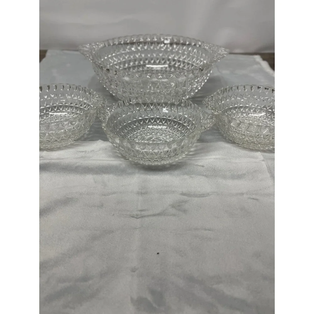 Imperial Glass Cape Cod Clear Diamond Point Handled Serving Bowl & 3 Berry Bowls